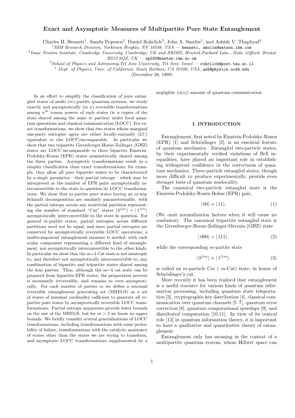 Exact and Asymptotic Measures of Multipartite Pure State Entanglement