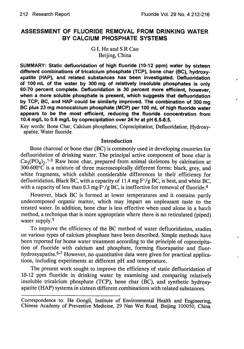 Assessment of Fluoride Removal from Drinking