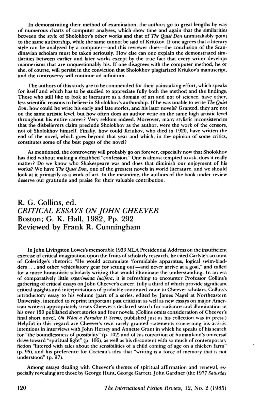 RG Collins, Ed. CRITICAL ESSAYS on JOHN CHEEVER Boston
