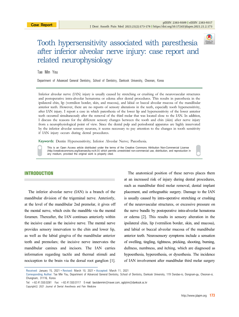 Tooth Hypersensitivity Associated with Paresthesia After Inferior Alveolar Nerve Injury: Case Report and Related Neurophysiology