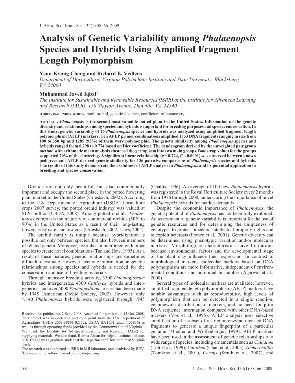 Analysis of Genetic Variability Among Phalaenopsis Species and Hybrids Using Ampliﬁed Fragment Length Polymorphism