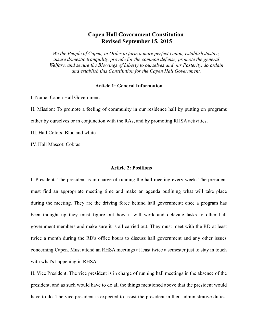 Capen Hall Government Constitution As of September 15, 2015