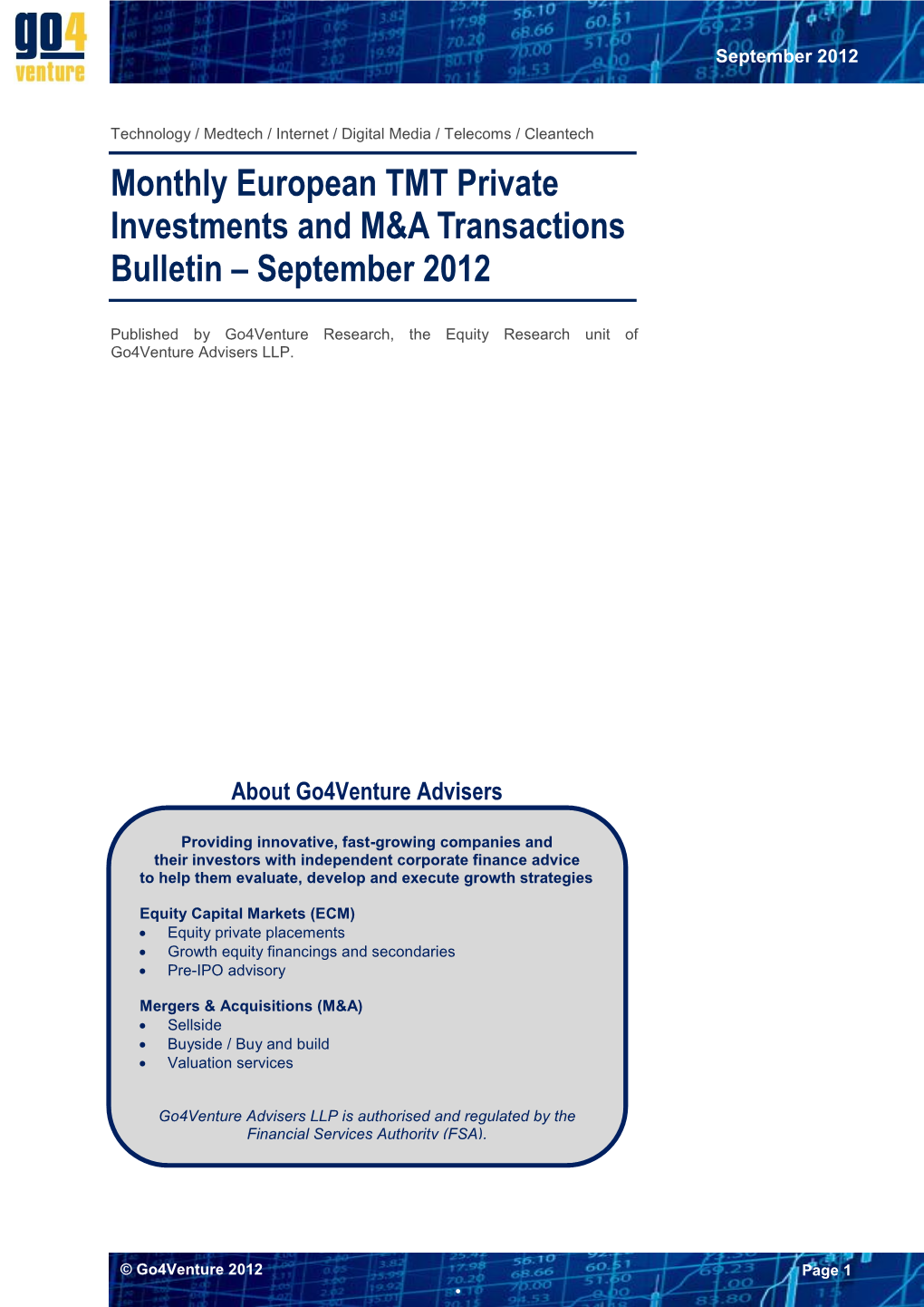 Monthly European TMT Private Investments and M&A Transactions Bulletin – September 2012