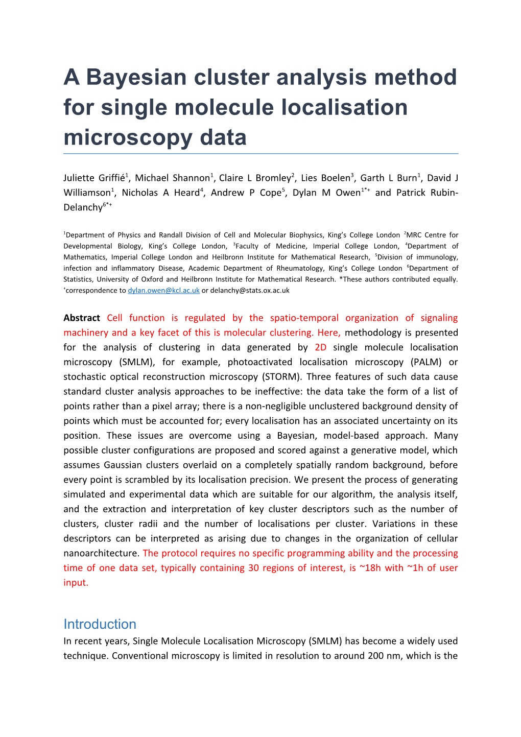 A Bayesian Cluster Analysis Method for Single Molecule Localisation Microscopy Data