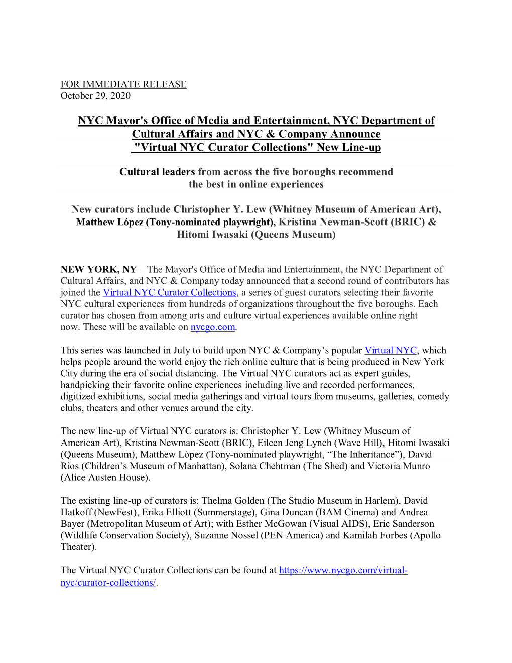 NYC Mayor's Office of Media and Entertainment, NYC Department of Cultural Affairs and NYC & Company Announce 