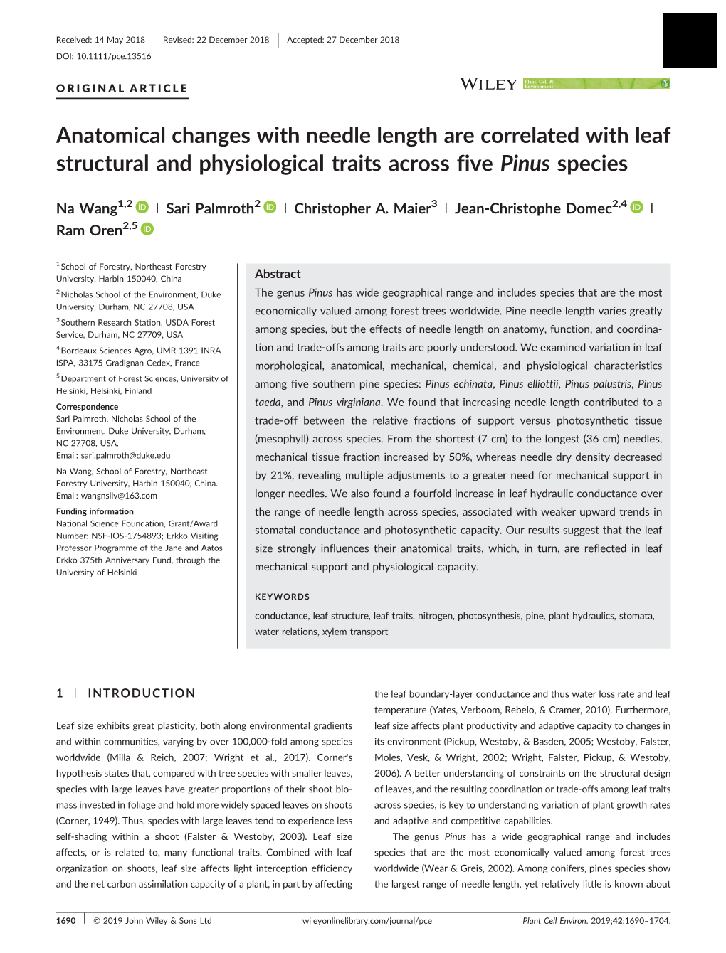 Anatomical Changes with Needle Length Are Correlated with Leaf Structural and Physiological Traits Across Five Pinus Species