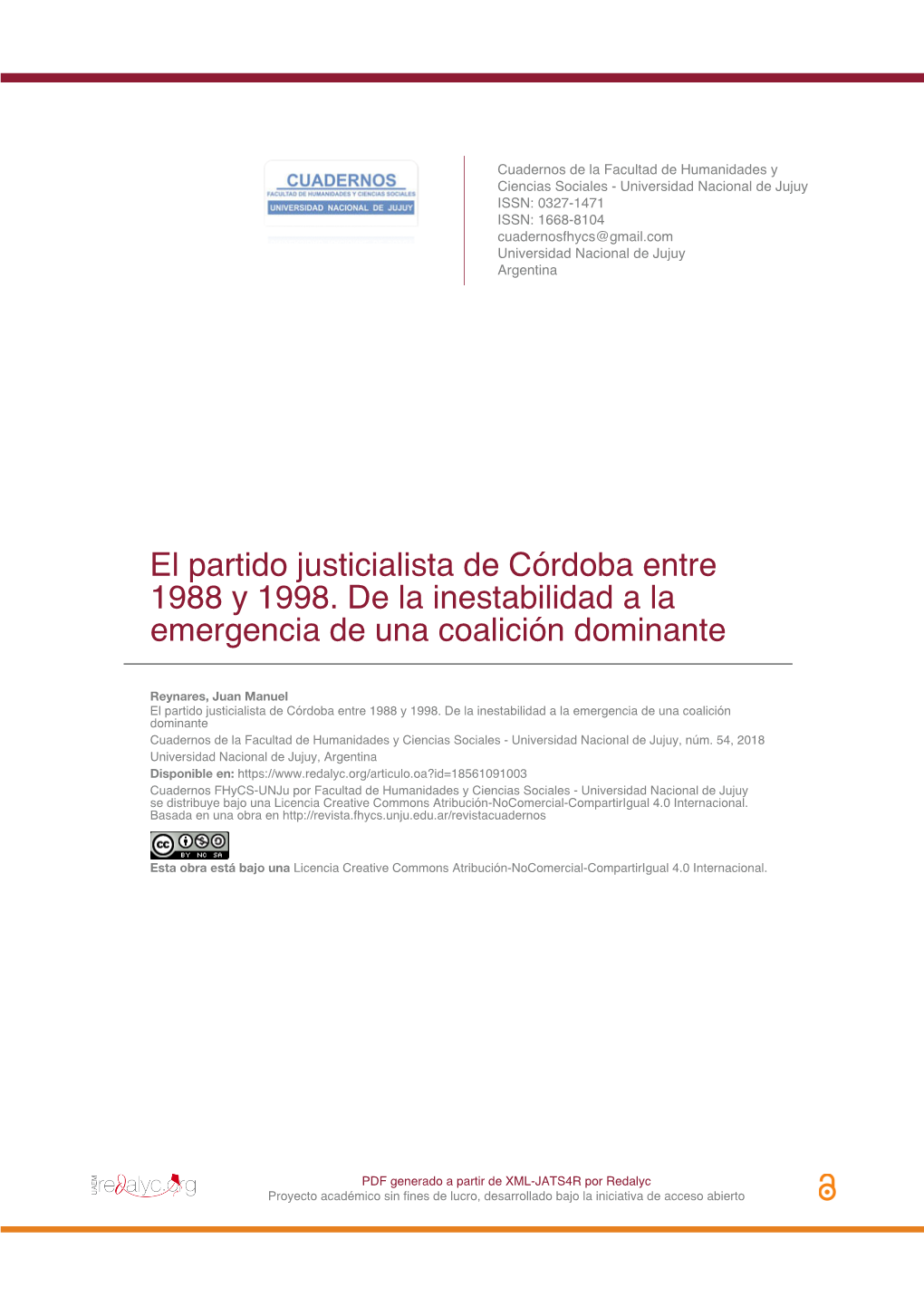 El Partido Justicialista De Córdoba Entre 1988 Y 1998. De La Inestabilidad a La Emergencia De Una Coalición Dominante