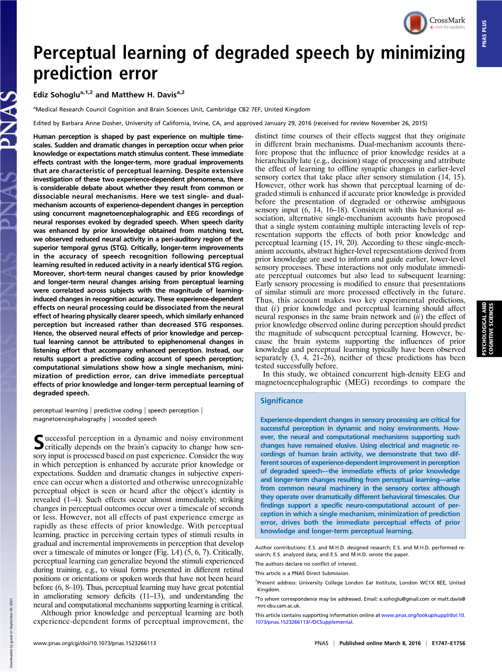 Perceptual Learning of Degraded Speech by Minimizing Prediction Error