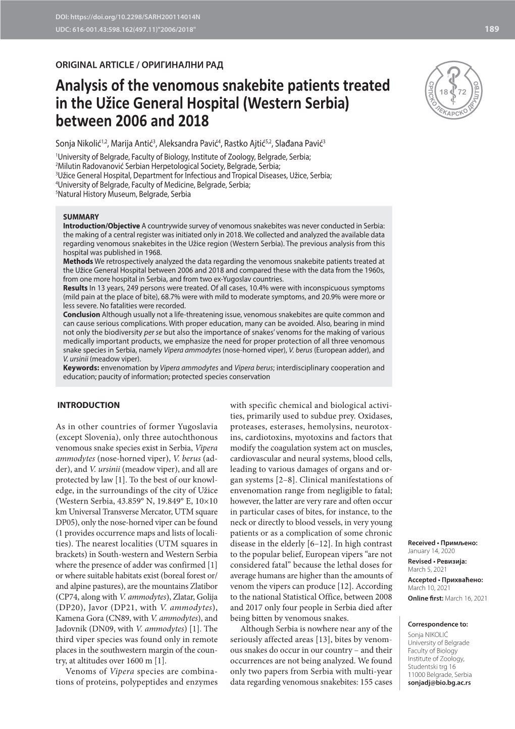 Analysis of the Venomous Snakebite Patients Treated in the Užice