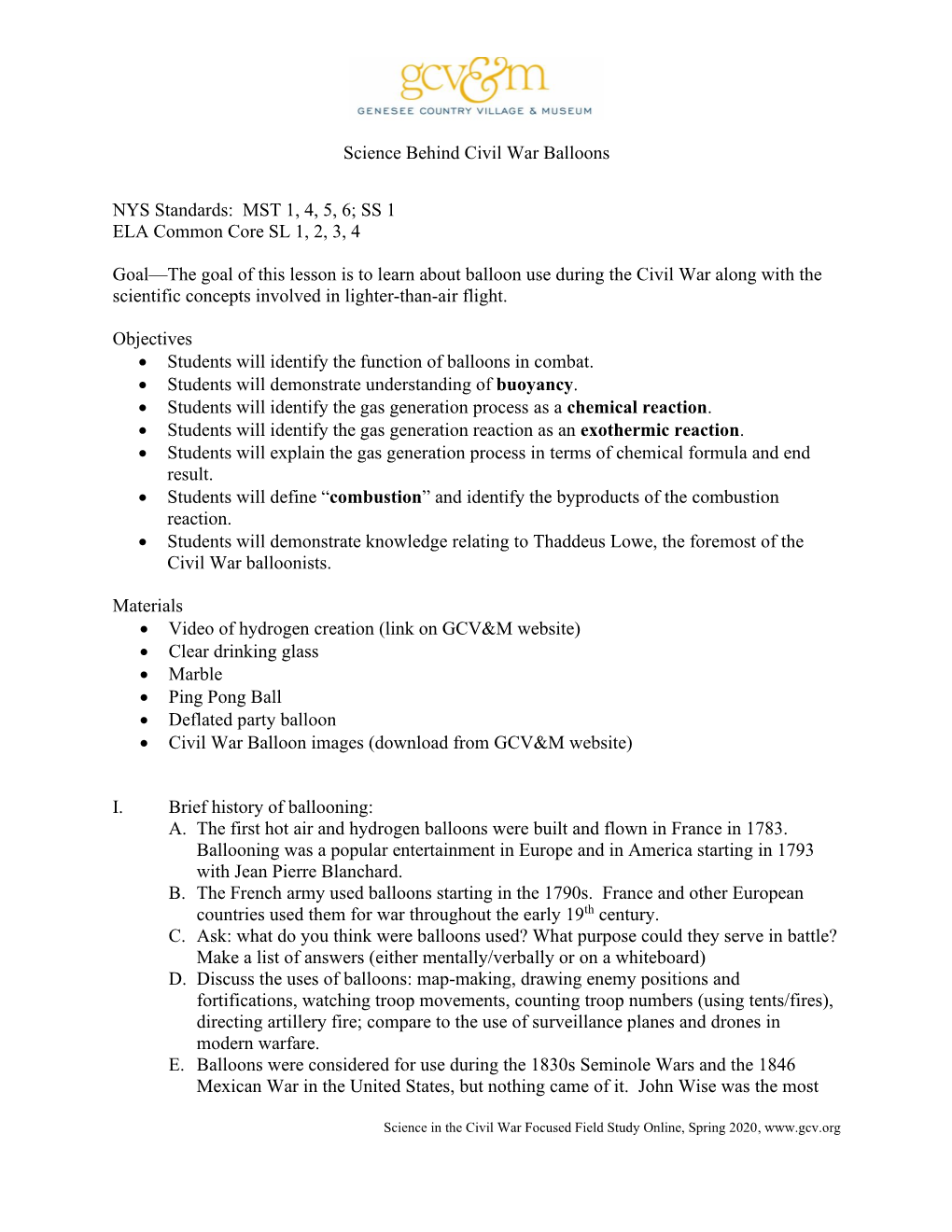 Science Behind Civil War Balloons NYS Standards: MST 1, 4, 5, 6; SS