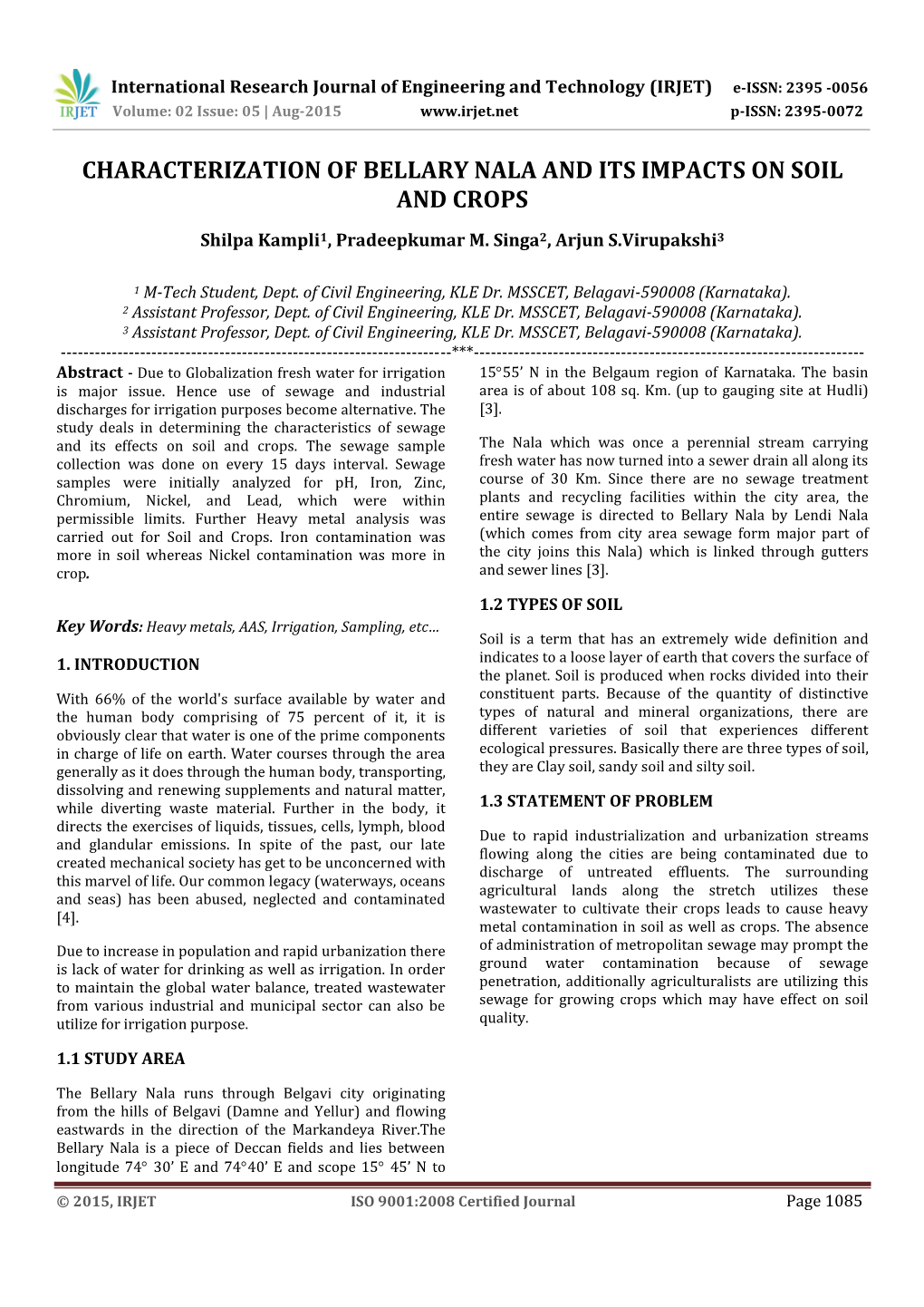 Characterization of Bellary Nala and Its Impacts on Soil and Crops