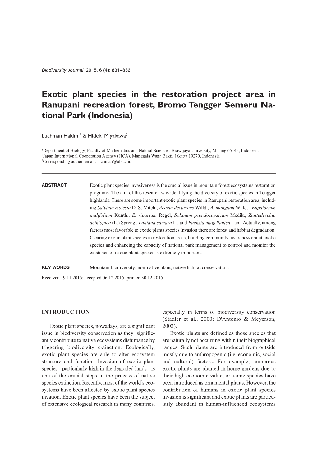 Exotic Plant Species in the Restoration Project Area in Ranupani Recreation Forest, Bromo Tengger Semeru Na - Tional Park (Indonesia)