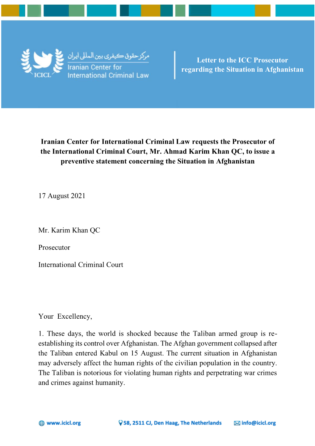 Letter to the ICC Prosecutor Regarding the Situation in Afghanistan Iranian