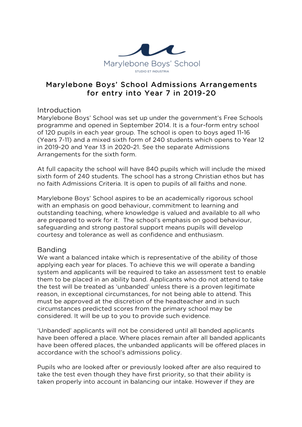 Marylebone Boys' School Admissions Arrangements for Entry Into Year 7