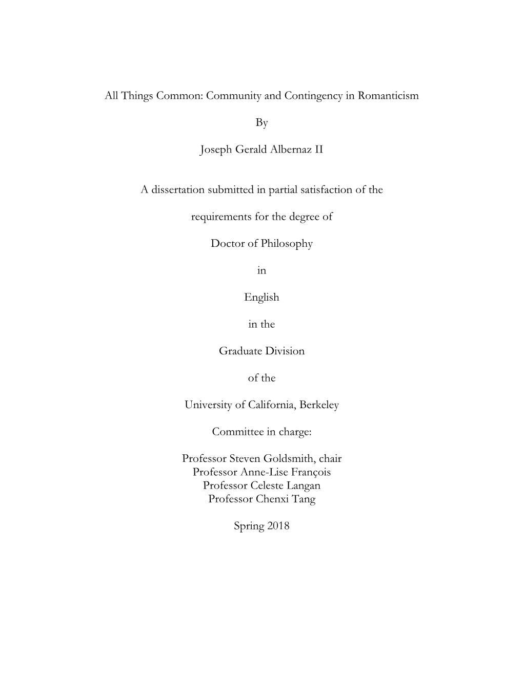 All Things Common: Community and Contingency in Romanticism By