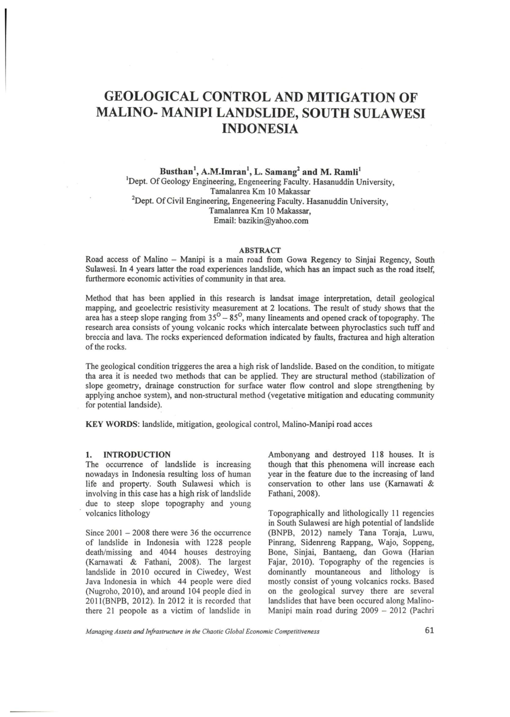 Geological Control and Mitigation of Malino- Manipi Landslide, South Sulawesi Indonesia