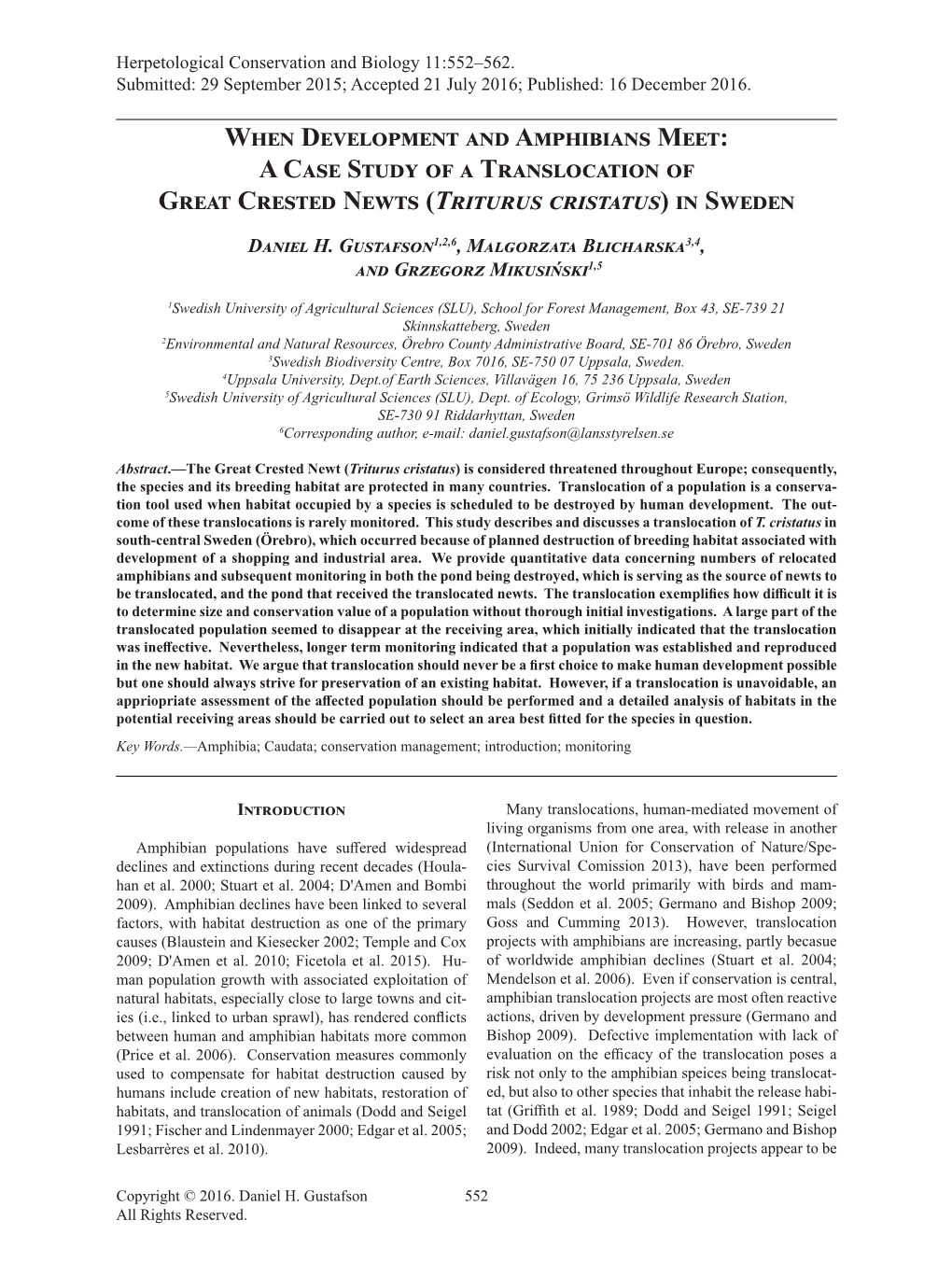 A Case Study of a Translocation of Great Crested Newts (Triturus Cristatus) in Sweden