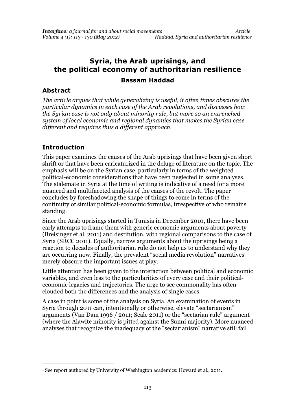 Syria, the Arab Uprisings, and the Political Economy of Authoritarian