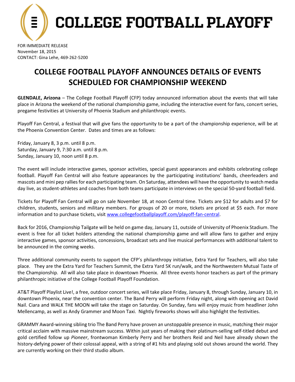 College Football Playoff Announces Details of Events Scheduled for Championship Weekend