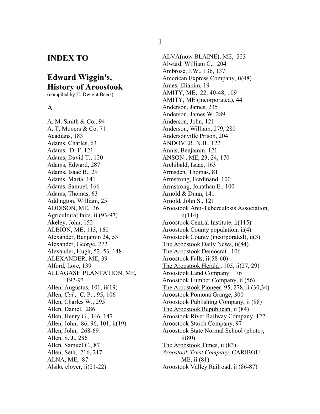 Index to History of Aroostook by Edward Wiggin