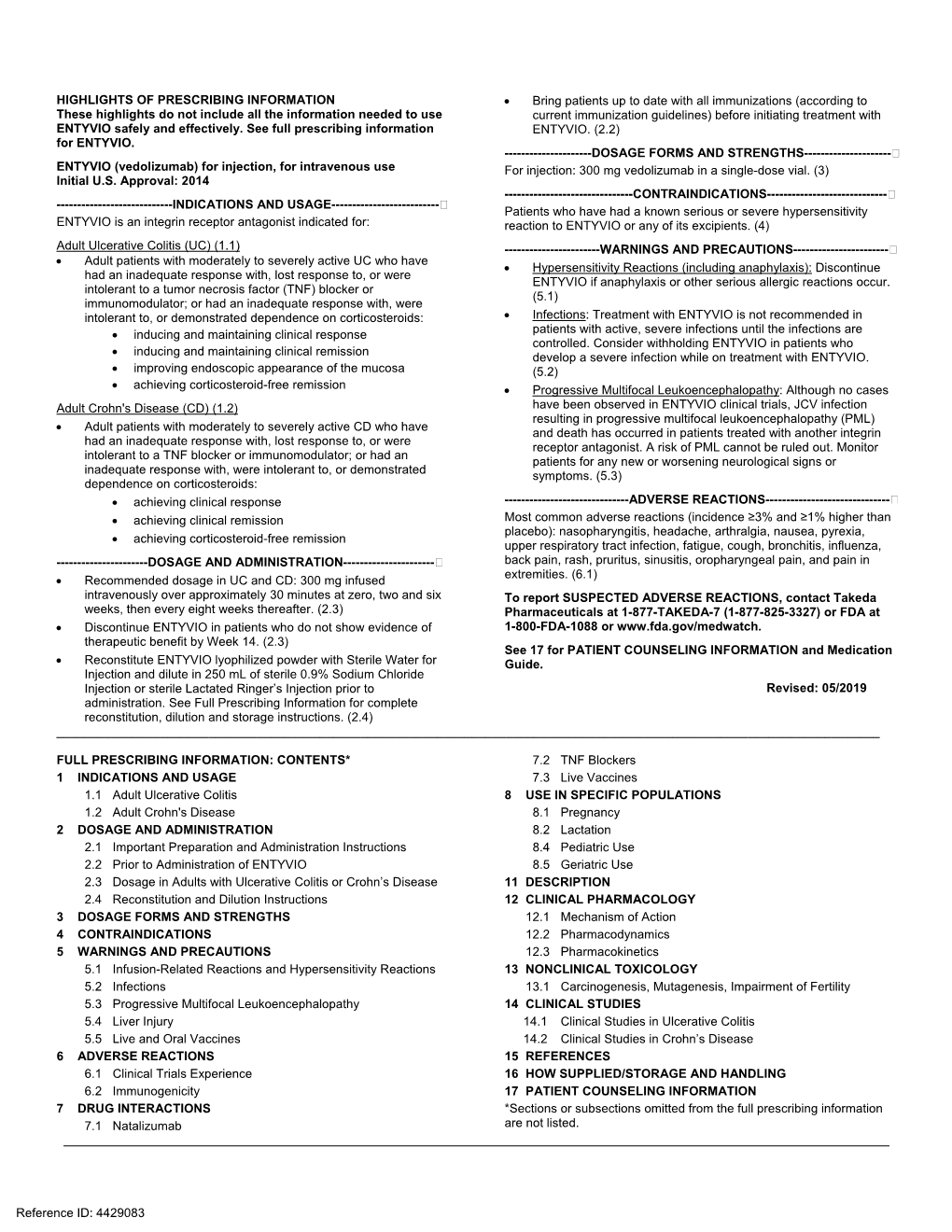 Vedolizumab) for Injection, for Intravenous Use for Injection: 300 Mg Vedolizumab in a Single-Dose Vial