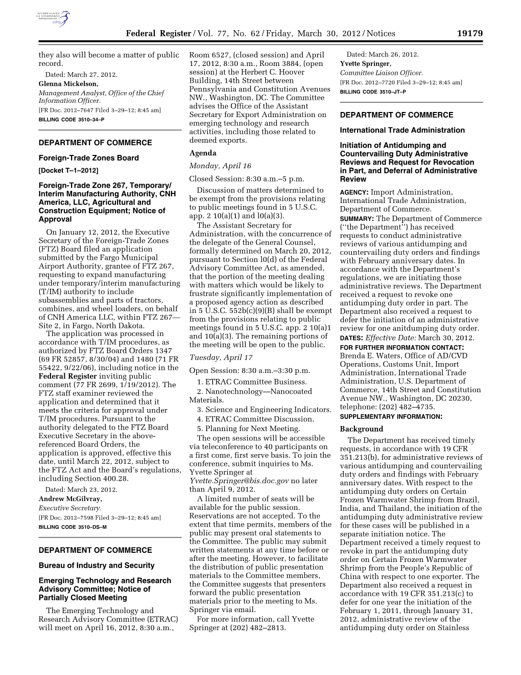 Federal Register/Vol. 77, No. 62/Friday, March 30, 2012/Notices