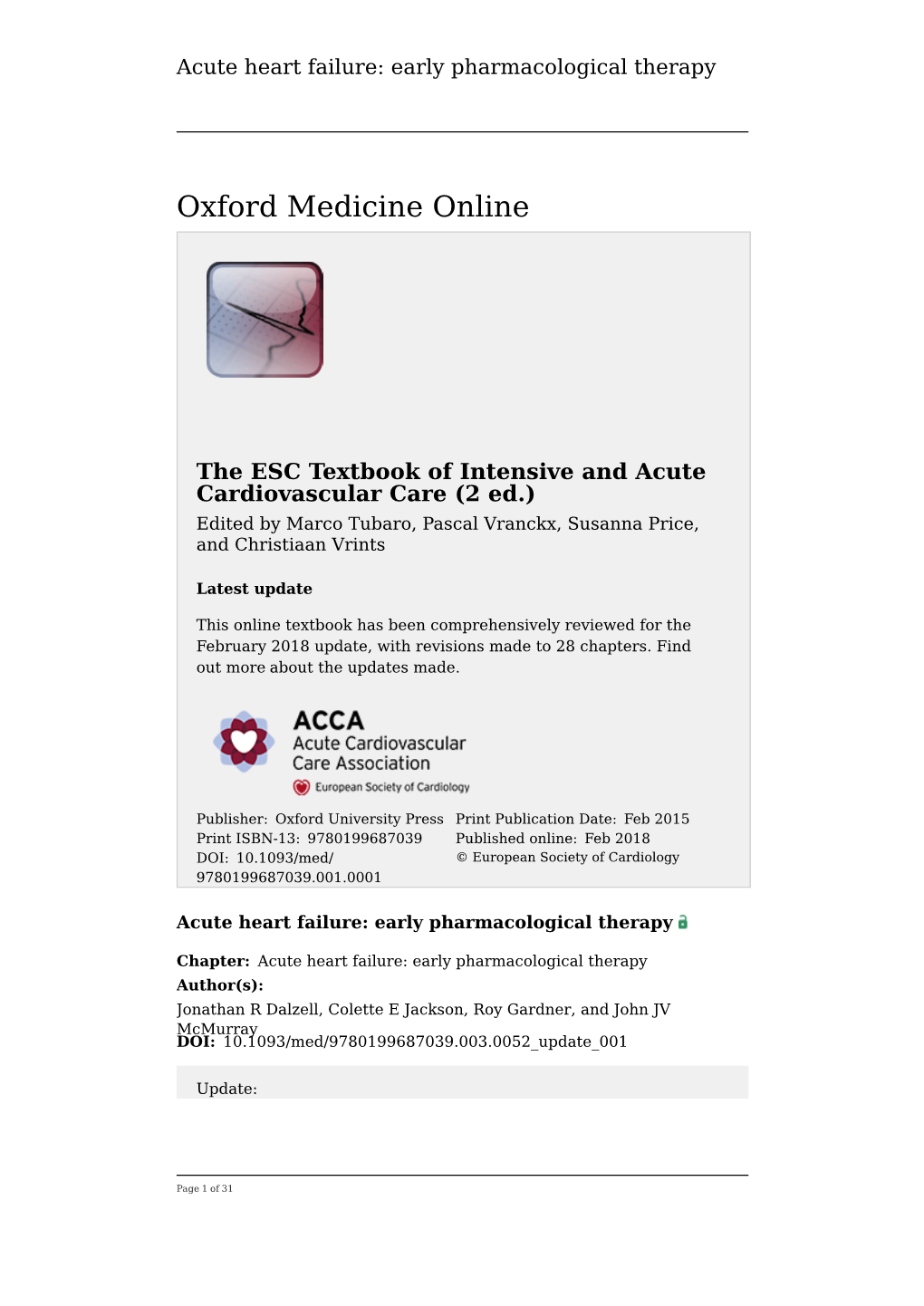 Acute Heart Failure: Early Pharmacological Therapy