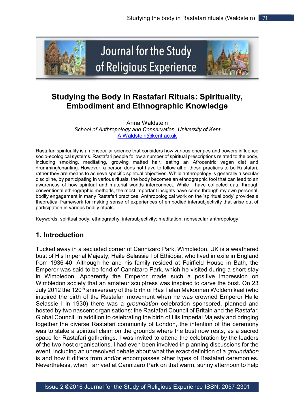 Studying the Body in Rastafari Rituals: Spirituality, Embodiment and Ethnographic Knowledge