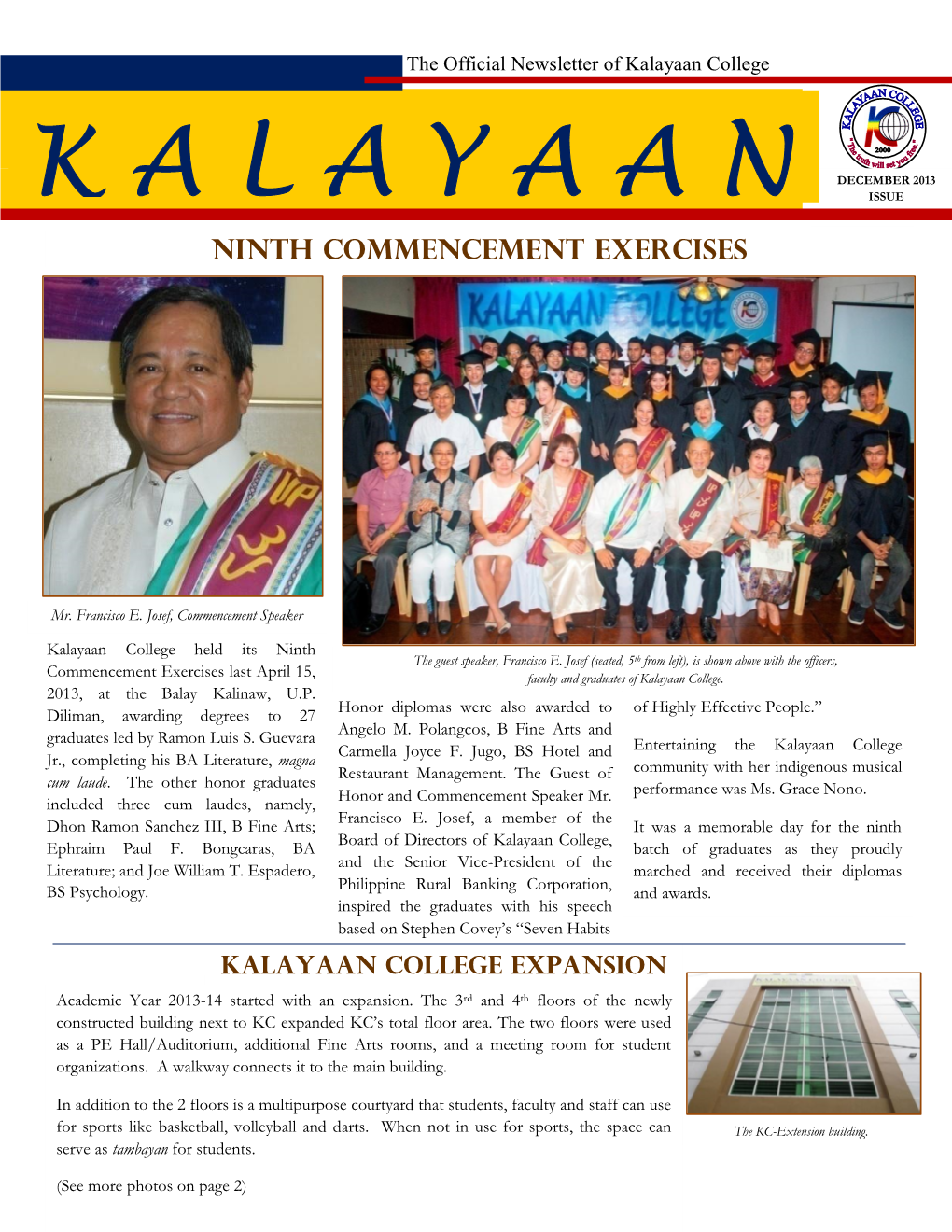 K a L a Y a a N ISSUE the Ninth Commencement Exercises