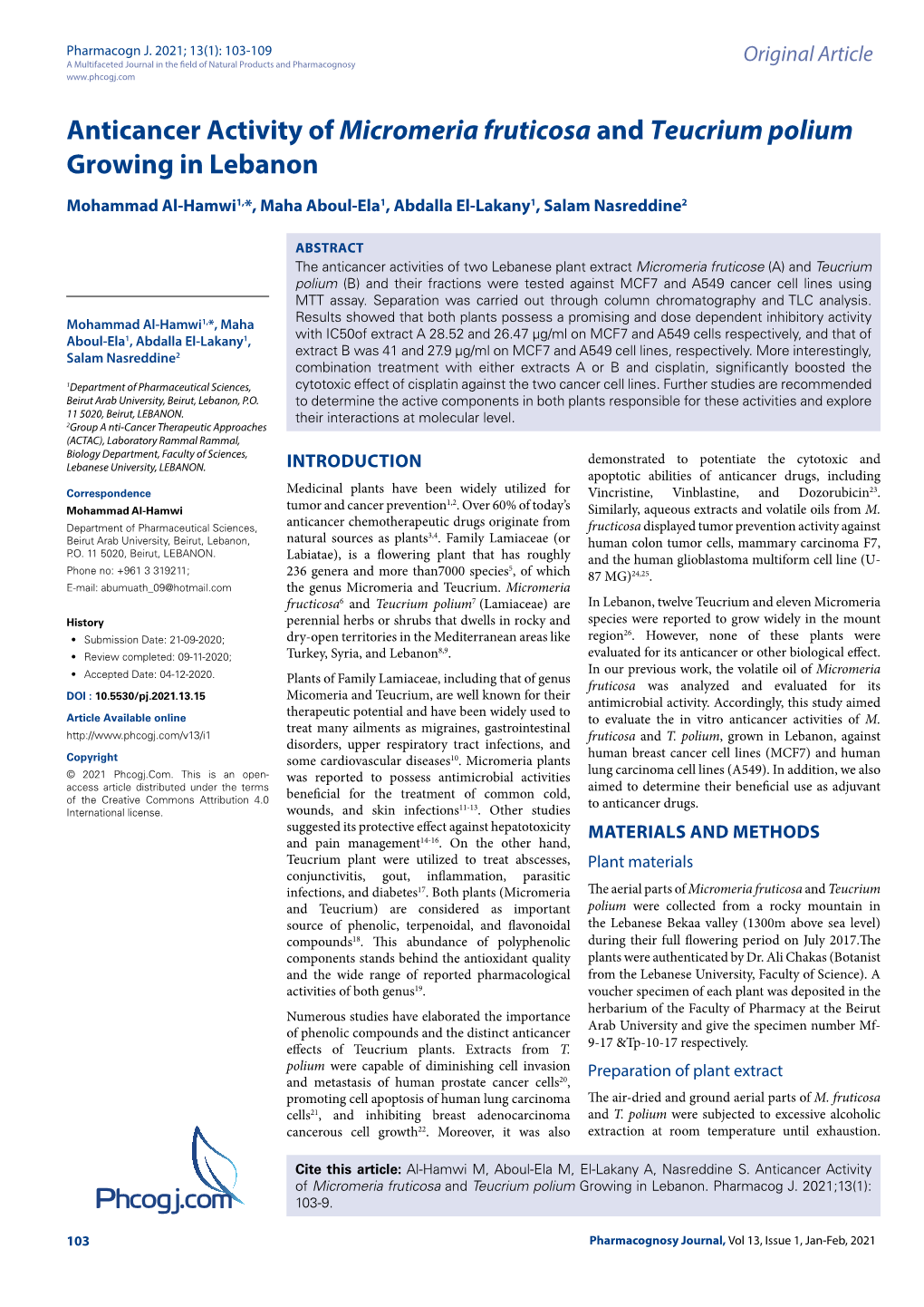 Phcogj.Com Anticancer Activity of Micromeria Fruticosa and Teucrium