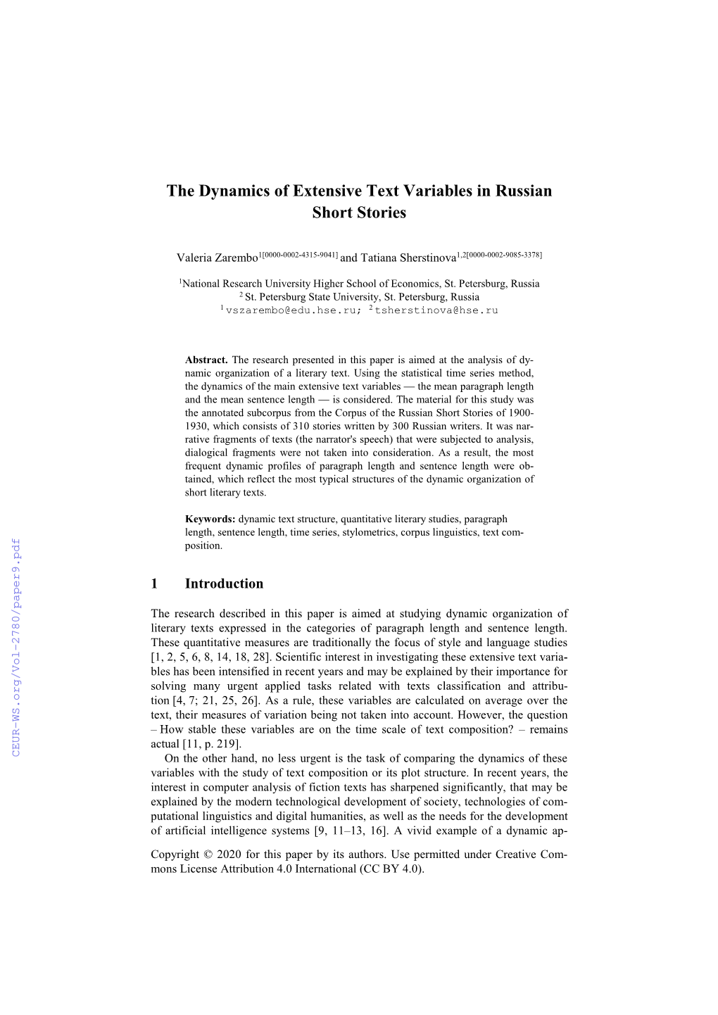 The Dynamics of Extensive Text Variables in Russian Short Stories