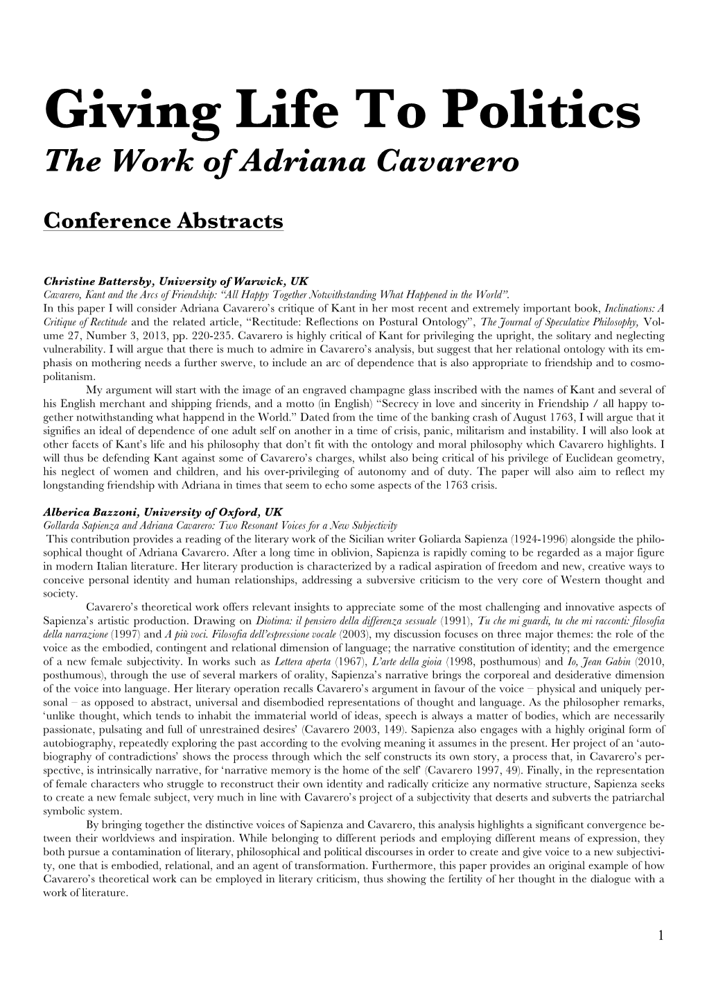 Giving Life to Politics the Work of Adriana Cavarero Conference Abstracts