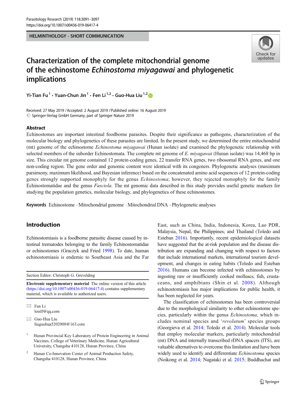 Characterization of the Complete Mitochondrial Genome of the Echinostome Echinostoma Miyagawai and Phylogenetic Implications