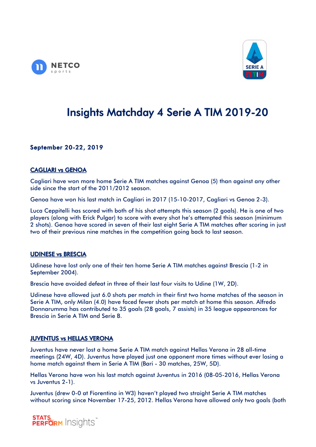 Insights Matchday 4 Serie a TIM 2019-20