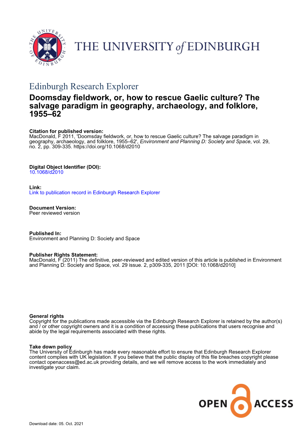 Doomsday Fieldwork, Or, How to Rescue Gaelic Culture? the Salvage Paradigm in Geography, Archaeology, and Folklore