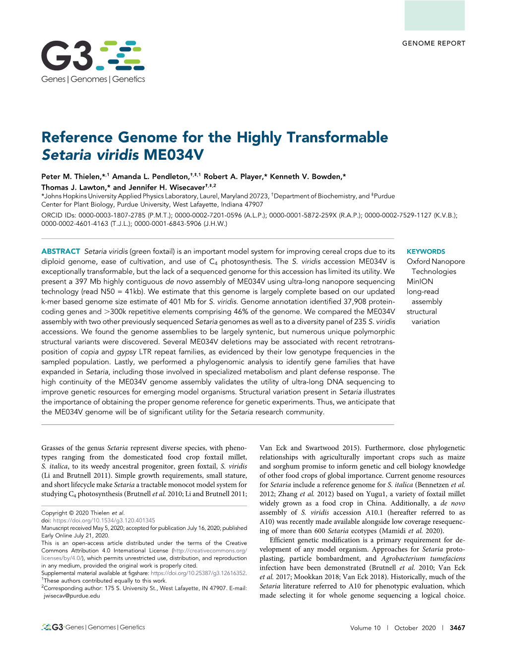 Reference Genome for the Highly Transformable Setaria Viridis ME034V