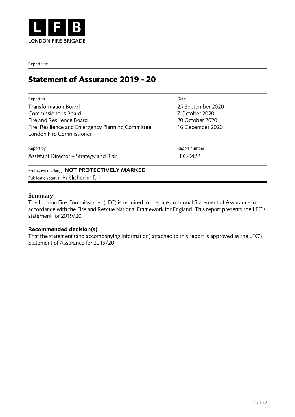 LFC-0422 Statement of Assurance 2019-20