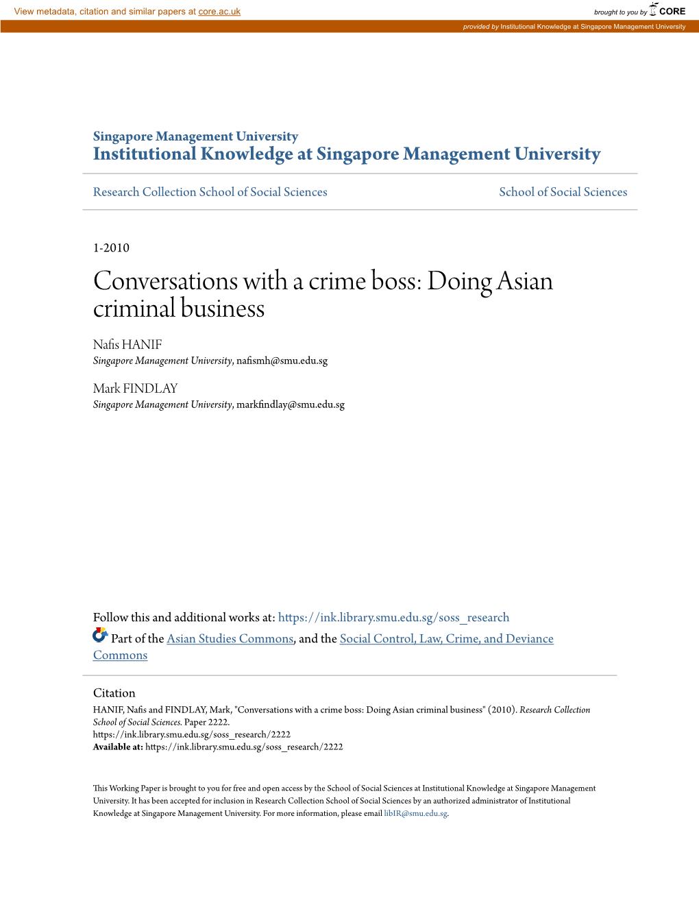 Conversations with a Crime Boss: Doing Asian Criminal Business Nafis HANIF Singapore Management University, Nafismh@Smu.Edu.Sg