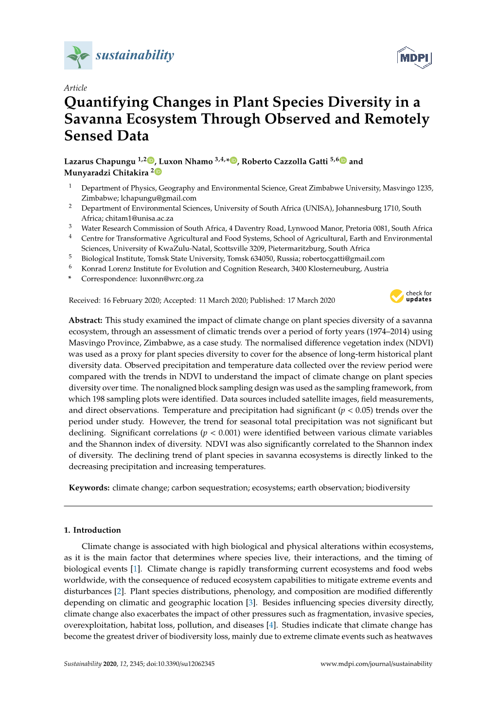 Quantifying Changes in Plant Species Diversity in a Savanna Ecosystem Through Observed and Remotely Sensed Data