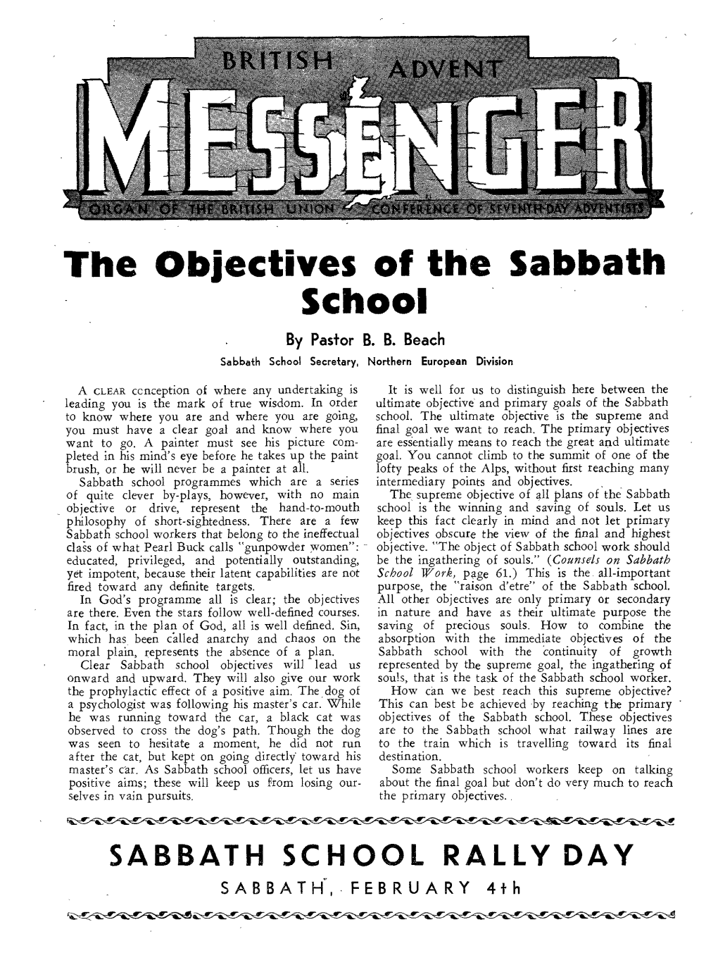 The Objectives of the Sabbath School by Pastor B