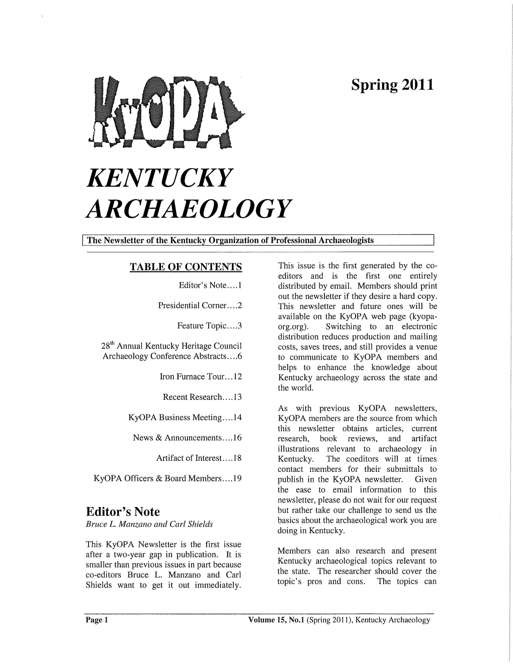 Spring 2011 KENTUCKY ARCHAEOLOGY