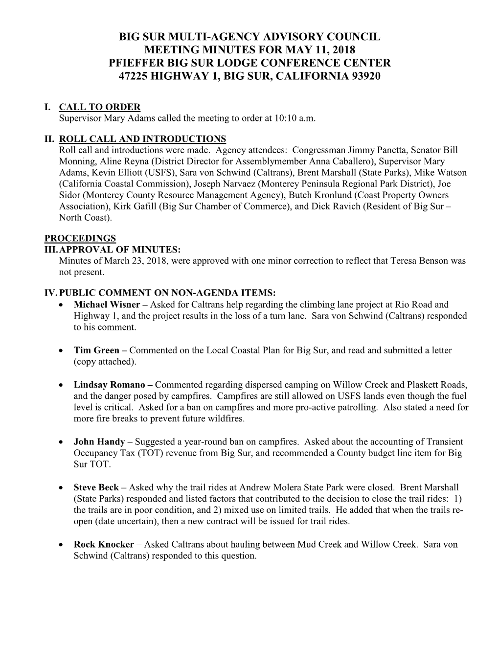 Big Sur Multi-Agency Meeting Minutes