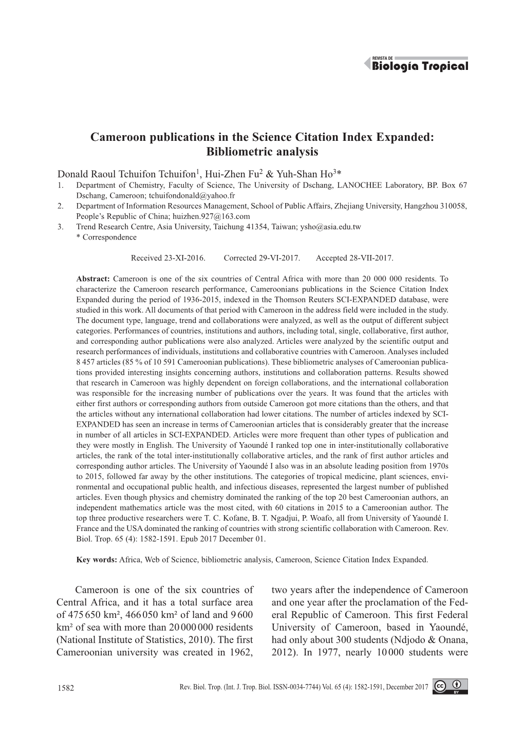 Cameroon Publications in the Science Citation Index Expanded: Bibliometric Analysis