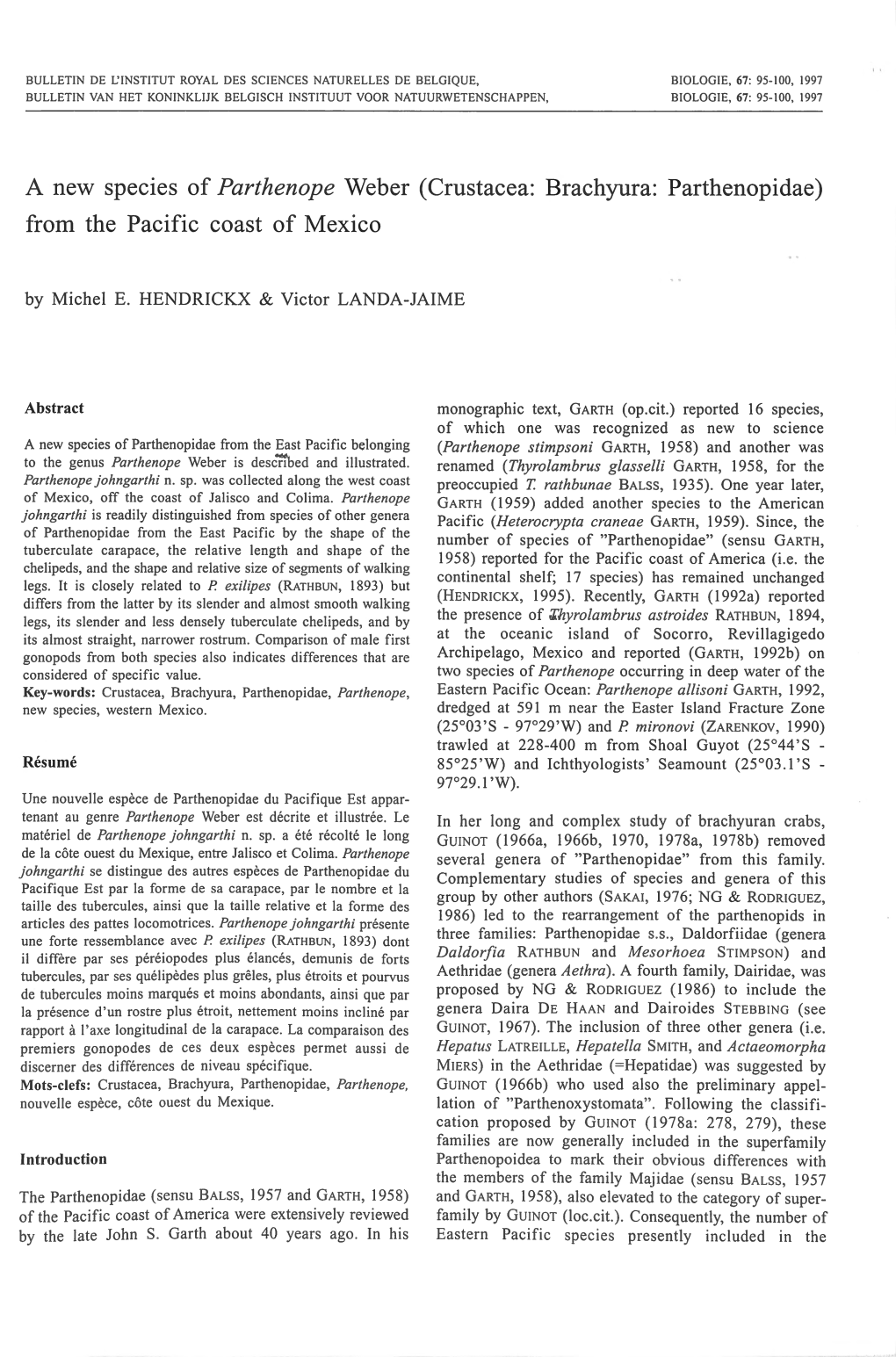 A New Species of Parthenope Weber (Crustacea: Brachyura: Parthenopidae) from the Pacific Coast of Mexico