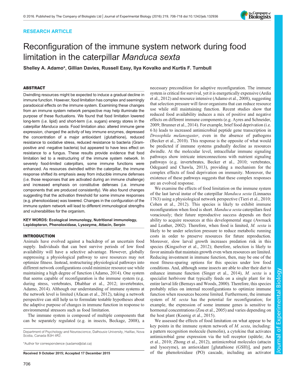 Reconfiguration of the Immune System Network During Food Limitation in the Caterpillar Manduca Sexta Shelley A