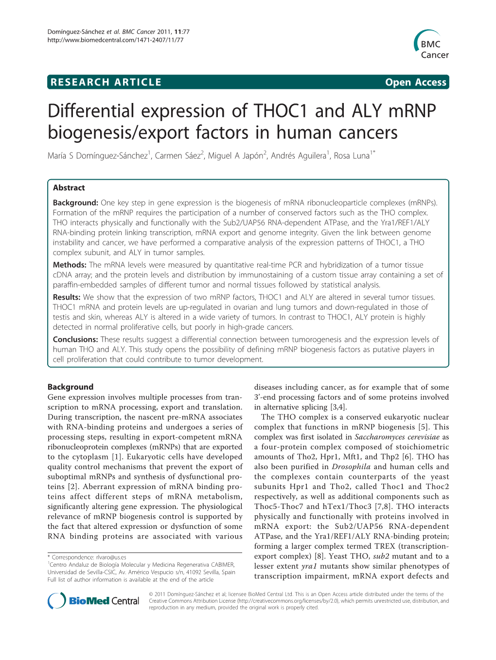 Differential Expression of THOC1 and ALY