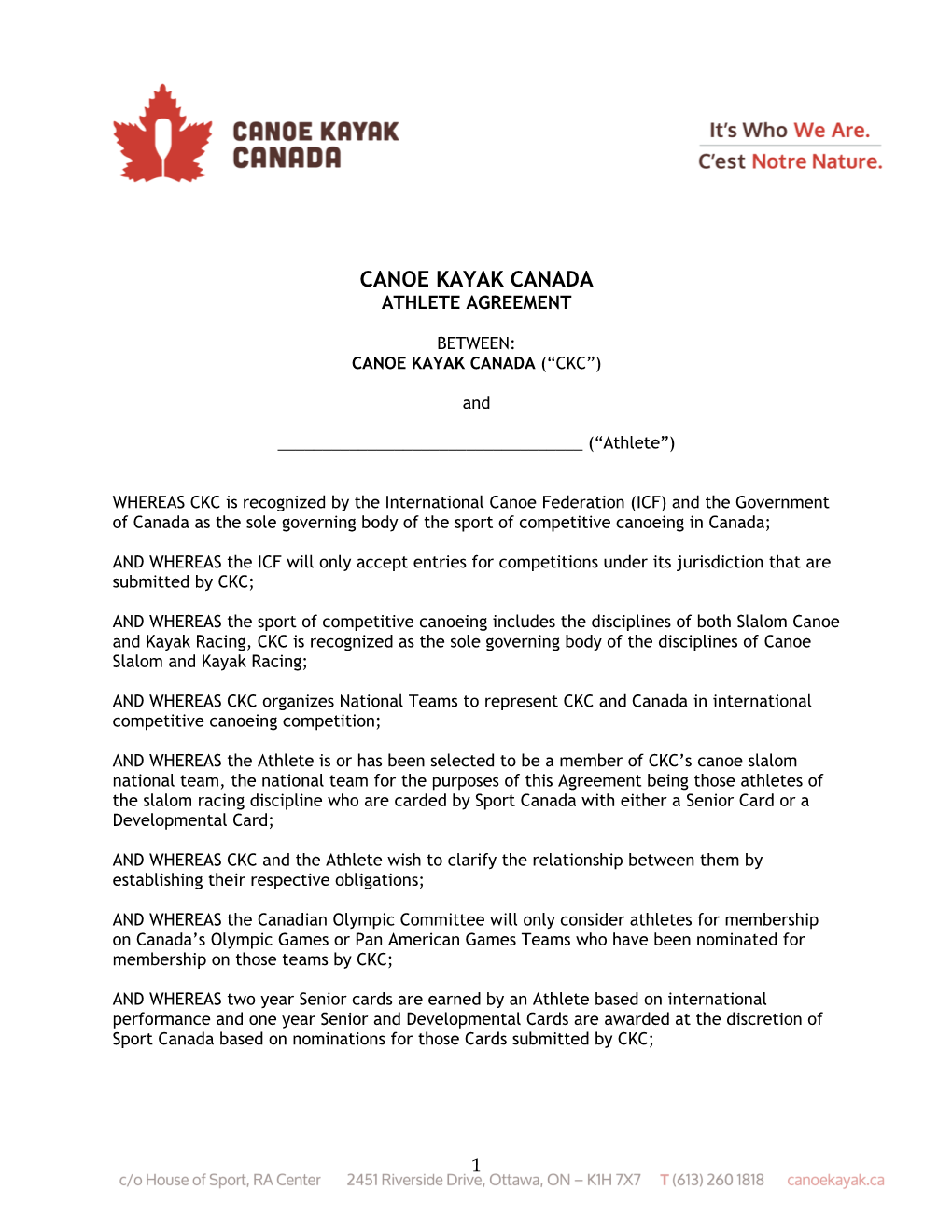 Canoe Kayak Canada Athlete Agreement