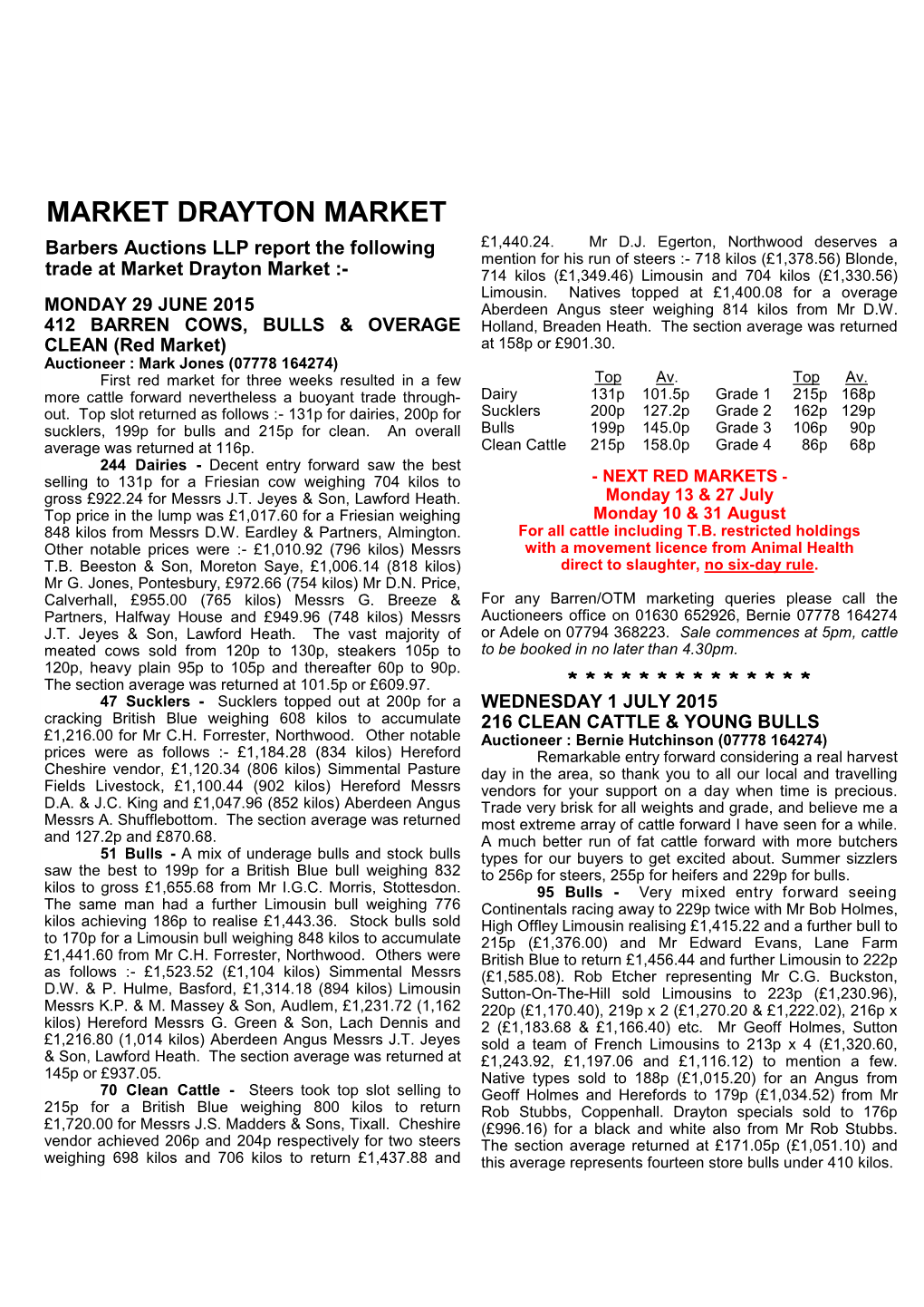 MARKET DRAYTON MARKET Barbers Auctions LLP Report the Following £1,440.24