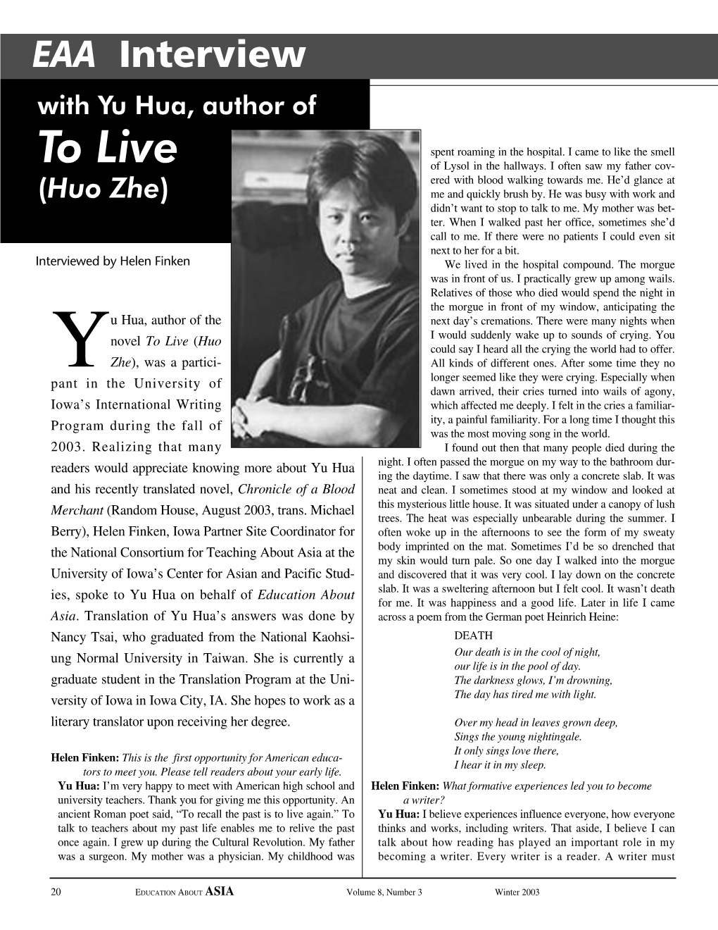 EAA Interview with Yu Hua, the Author of to Live