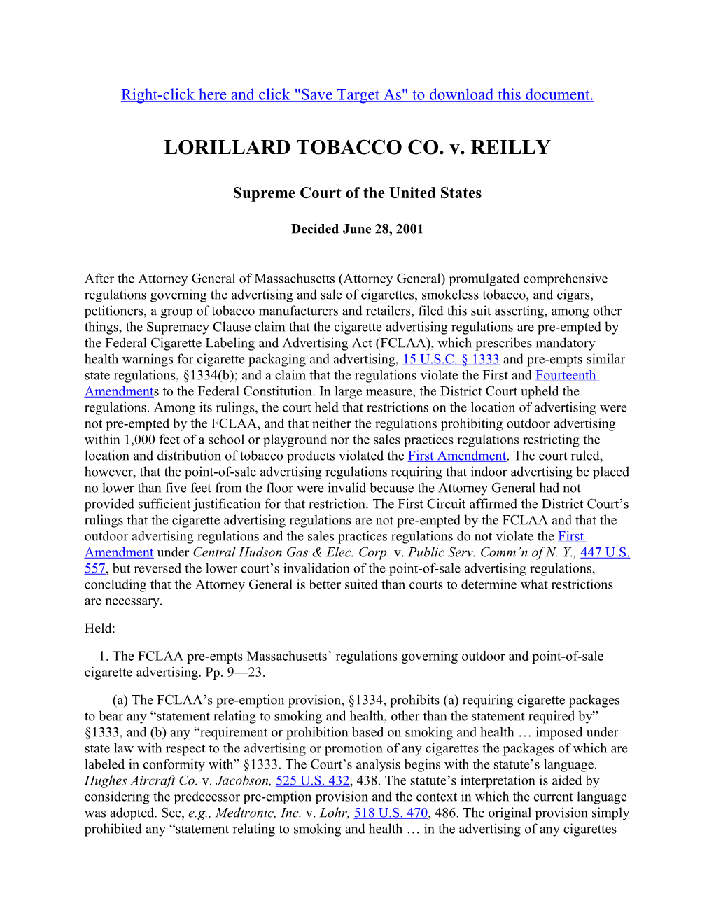 Lorillard Tobacco Co. V. Reilly